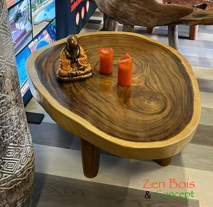 Table basse en bois massif avec tranche naturelle et pieds bois, mobilier design artisanal aux formes organiques